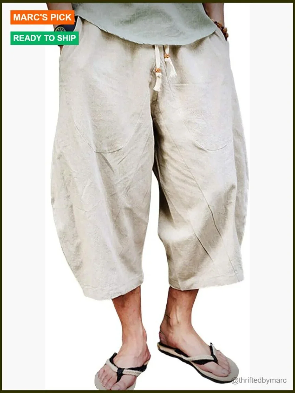 Men's Cotton Linen Capri Pants Elastic Waist Drawstring Loose Fit
